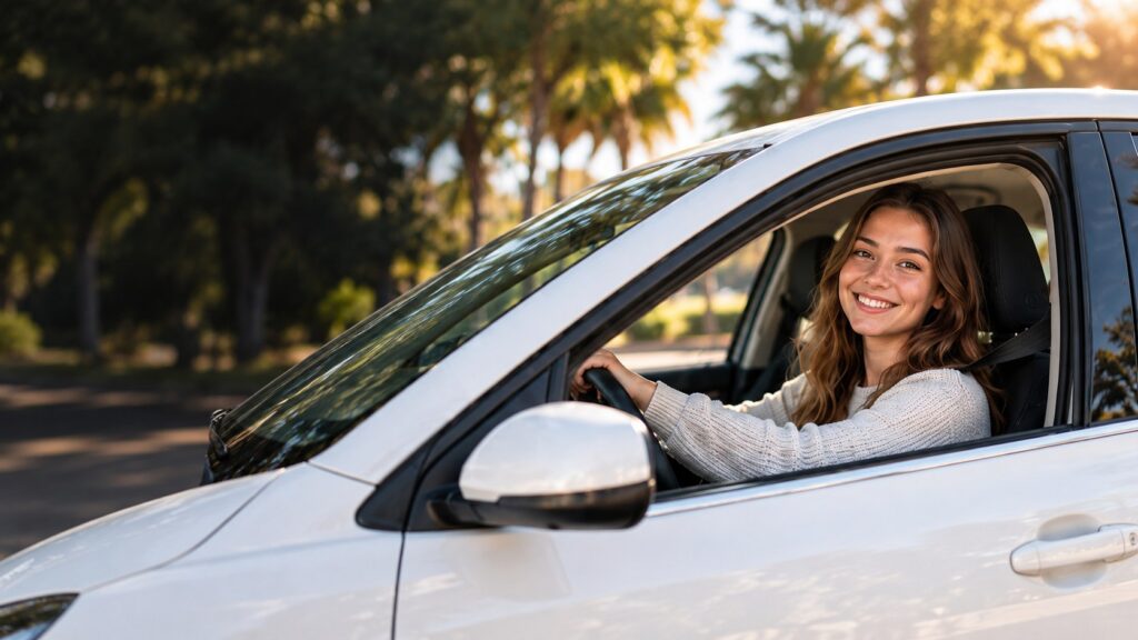 Imagen conceptual de una alumna al volante para la nueva web de Autoescuela Lusan