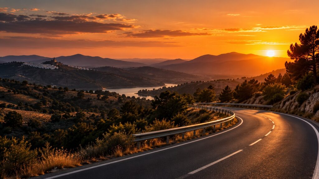 Carretera entre colinas al atardecer