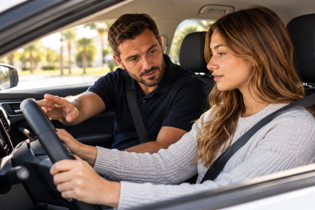 Imagen conceptual de profesor y alumna al volante